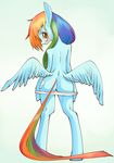  2016 anthro blush butt clothing conbudou cutie_mark equine eyelashes feathered_wings feathers female friendship_is_magic green_background hair hi_res looking_at_viewer looking_back makeup mammal mascara multicolored_hair my_little_pony nude panties pegasus purple_eyes rainbow_dash_(mlp) rainbow_hair simple_background solo spread_wings standing underwear undressing wings 