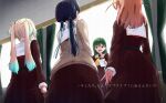  4girls :d absurdres blonde_hair blue_hair blue_ribbon brown_cardigan brown_dress brown_eyes cardigan crossed_bangs curtains dark_blue_hair dress facing_another gradient_hair green_hair hair_ornament hair_ribbon hairclip hasu_no_sora_school_uniform highres hinoshita_kaho holding holding_paper light_blue_hair link!_like!_love_live! long_hair long_sleeves looking_at_another love_live! low_twintails medium_hair multicolored_hair multiple_girls murano_sayaka neckerchief oogami_sachi open_mouth orange_hair osawa_rurino paper parisnoko red_neckerchief ribbon sailor_collar sailor_dress school_uniform smile straight_hair swept_bangs twintails two_side_up virtual_youtuber white_sailor_collar window winter_uniform yellow_neckerchief 