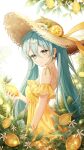  1girl absurdres bare_shoulders blue_hair caron cowboy_shot day dress earrings flower food frilled_dress frills from_side fruit green_eyes hat hat_flower hat_ribbon hatsune_miku highres jewelry leaf lemon lemon_blossoms lemon_slice long_hair looking_at_viewer looking_to_the_side outdoors plant ribbon solo sparkle sun_hat sunlight twintails very_long_hair vocaloid white_flower yellow_dress yellow_ribbon yellow_theme 