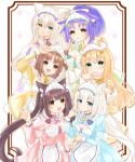  6+girls :3 :d absurdres animal_ear_fluff animal_ears apron arm_at_side arm_under_breasts arm_up azuki_(nekopara) bell blonde_hair blue_bow blue_bowtie blue_dress blue_eyes blunt_bangs blush bow bowtie breasts brown_eyes brown_hair buttons cat_ears cat_girl character_name chocola_(nekopara) cinnamon_(nekopara) cleavage cleavage_cutout closed_mouth clothing_cutout coconut_(nekopara) collar commentary_request cowboy_shot dark-skinned_female dark_skin dress everyone eyelashes eyes_visible_through_hair frilled_collar frilled_dress frills green_bow green_bowtie green_dress green_eyes hair_between_eyes hair_bow hand_up hands_up happy heart heart-shaped_ornament heart_button heterochromia highres jingle_bell juliet_sleeves large_breasts long_hair long_sleeves looking_at_viewer low_twintails maid maid_headdress maple_(nekopara) medium_breasts medium_hair multiple_girls neck_bell nekopara official_alternate_costume open_mouth orange_bow orange_bowtie orange_dress orange_hair pink_bow pink_bowtie pink_dress ponytail puffy_sleeves purple_bow purple_bowtie purple_dress purple_hair shiika_0520 siblings sidelocks simple_background sisters small_breasts smile split_mouth tareme tsurime twintails two_side_up v v_over_mouth vanilla_(nekopara) very_long_hair waist_apron waitress white_apron white_background white_hair yellow_bow yellow_bowtie yellow_dress yellow_eyes 