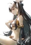  1girl ahoge arm_at_side bare_shoulders bikini black_gloves black_hair black_ribbon commentary_request cowboy_shot earrings fagi_(kakikaki) fate/grand_order fate_(series) from_side gloves hair_between_eyes hair_over_shoulder hair_ribbon hand_up hoop_earrings ishtar_(fate) jewelry lips long_hair looking_at_viewer mismatched_bikini navel neck_ring paid_reward_available parted_lips profile red_eyes ribbon simple_background single_glove sitting solo swimsuit two_side_up very_long_hair white_background 