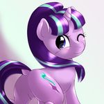  2015 behind-space blue_eyes blush butt cute cutie_mark dock equine eyelashes female friendship_is_magic hair horn looking_at_viewer looking_back mammal multicolored_hair my_little_pony one_eye_closed simple_background smile solo starlight_glimmer_(mlp) two_tone_hair unicorn wink 