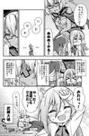  &gt;_&lt; 2girls :d ahoge arm_over_head arm_up bow bowtie closed_eyes comic commentary_request exercise eyebrows_visible_through_hair flying_sweatdrops glasses greyscale hair_between_eyes k_hiro kantai_collection kiyoshimo_(kantai_collection) long_sleeves low_twintails monochrome multiple_girls musashi_(kantai_collection) open_mouth push-ups sarashi school_uniform sitting sitting_on_person smile speech_bubble spoken_ellipsis sweatdrop thighhighs translated twintails v-shaped_eyebrows 