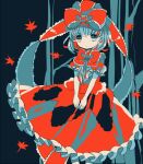  1girl arm_ribbon bow dress frilled_bow frilled_ribbon frills front_ponytail green_eyes green_hair hair_bow hair_ribbon hiyuu_(hiyualice) kagiyama_hina leaf limited_palette maple_leaf red_dress red_ribbon ribbon solo touhou wrist_ribbon 