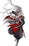  1boy amakusa_shirou_(fate) amakusa_shirou_(third_ascension)_(fate) ascot cross dark-skinned_male dark_skin earrings fate/grand_order fate_(series) full_body highres holding holding_cross japanese_clothes jewelry jinbaori kataginu katana long_hair looking_at_viewer male_focus mimulishizi ponytail ribbon simple_background solo sword very_long_hair weapon white_ascot white_background white_hair wide_sleeves yellow_eyes 