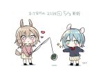  2girls :&gt; animal_ears aqua_eyes black_sweater blue_hair blush bow bowtie brown_hair closed_mouth collared_shirt commentary_request dog_ears dog_girl dog_tail doushitara_osananajimi_no_kanojo_ni_naremasu_ka fishing_rod full_body heart highres holding holding_fishing_rod ikoma_minami_(doushitara_osananajimi_no_kanojo_ni_naremasu_ka) kemonomimi_mode long_hair long_sleeves makita_yuzu mouse_ears mouse_girl mouse_tail multiple_girls pink_eyes pink_sweater red_bow red_bowtie shirt short_hair simple_background skirt sparkle standing sweater tail translation_request white_background white_shirt yasaka_shuu yellow_skirt 