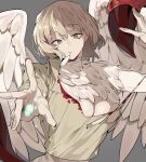  1girl blonde_hair blood blood_on_clothes brown_eyes brown_shirt chimera dungeon_meshi expressionless falin_touden falin_touden_(chimera) feathered_wings feathers grey_background hand_up highres looking_at_viewer magic monster_girl outstretched_hand parted_lips shirt simple_background slit_pupils solo talons torn_clothes torn_shirt upper_body urec white_feathers wings 