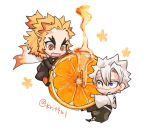  2boys chibi chibi_only food fruit full_body hair_between_eyes honey kimetsu_no_yaiba krit male_focus mini_person miniboy multiple_boys open_mouth orange_(fruit) orange_eyes orange_hair orange_slice purple_eyes rengoku_kyoujurou scar scar_on_face scar_on_forehead scar_on_nose shinazugawa_sanemi thick_eyebrows twitter_username white_background white_hair 