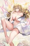  1girl bare_legs blonde_hair blue_eyes blush breasts collarbone crown_(nikke) goddess_of_victory:_nikke hanh_chu highres large_breasts long_hair looking_at_viewer naked_shirt navel parted_lips shirt smile solo too_many_drills twisted_hair 