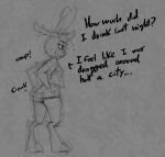  2024 2_horns anthro antlers biped bodily_fluids breasts butt clenched_teeth clothed clothing demon dialogue digitigrade english_text female horn jackalope lagomorph leporid lucy_(soulcentinel) mammal monochrome panties rabbit scut_tail shirt short_tail side_view simple_background sketch small_breasts solo soulcentinel standing tail tears teeth text topwear underwear 