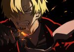  1boy blonde_hair cigarette clenched_teeth close-up commentary curly_eyebrows embers facial_hair fire gloves goatee hair_over_one_eye highres holding holding_lighter lighter looking_to_the_side male_focus mrjieshisu mustache_stubble necktie one_piece red_suit sanji_(one_piece) short_hair smoke solo stubble suit teeth upper_body 