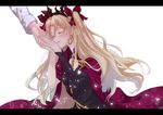  bangs black_dress blonde_hair blurry bow cloak closed_eyes commentary_request depth_of_field dress earrings ereshkigal_(fate/grand_order) eyebrows_visible_through_hair fate/grand_order fate_(series) hair_bow jewelry letterboxed long_hair out_of_frame parted_bangs parted_lips purple_bow skull smile solo_focus spine two_side_up wavy_hair yat573 