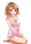  1girl animal_print barefoot blush breasts brown_eyes brown_hair butterfly_print cleavage collarbone dress full_body hand_up highres idolmaster idolmaster_cinderella_girls idolmaster_cinderella_girls_starlight_stage large_breasts long_sleeves looking_at_viewer nagmilk open_mouth pink_dress print_dress seiza short_hair simple_background sitting sleeves_past_wrists smile solo tsukimiya_miyabi wavy_hair white_background 
