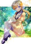  1girl black_footwear blonde_hair blue_sky breast_tattoo breasts cleavage closed_mouth cloud collarbone commission day full_body hair_between_eyes hugging_own_legs japanese_clothes kimono kou_hiyoyo long_hair long_sleeves looking_at_viewer low_ponytail medium_breasts obi okobo orange_kimono ponytail purple_eyes samurai_deeper_kyo sandals sash shiina_yuya skeb_commission sky smile solo tattoo tree very_long_hair wide_sleeves 