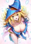  1girl :d absurdres bare_legs bare_shoulders blonde_hair blue_dress blue_footwear blue_hat blue_sleeves breasts dark_magician_girl dress from_above gold_necklace green_eyes hat highres huge_breasts jewelry kamehito long_hair looking_at_viewer necklace showgirl_skirt smile solo straight_hair very_long_hair wizard_hat yu-gi-oh! 