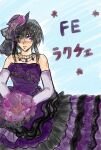  1girl agetorori black_hair blush bouquet bride dress elbow_gloves fire_emblem fire_emblem:_genealogy_of_the_holy_war flower frilled_dress frills gloves hat highres holding holding_bouquet jewelry larcei_(fire_emblem) looking_to_the_side necklace purple_dress purple_eyes sidelocks simple_background strapless strapless_dress veil 