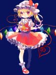  1girl ascot bat_wings blonde_hair crystal flandre_scarlet full_body hat hat_ribbon hiyuu_(hiyualice) laevatein_(touhou) mob_cap multicolored_wings one_side_up puffy_short_sleeves puffy_sleeves red_eyes red_skirt red_vest ribbon short_sleeves side_ponytail skirt skirt_set solo star_(symbol) teeth touhou upper_teeth_only vest white_hat wings yellow_ascot 