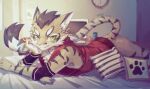  2024 anthro bed brown_body brown_fur butt deity felid feline fur furniture green_eyes hair hi_res inside leopard_cat lililiermao lying male mammal nekojishi on_bed prionailurus shu-chi solo striped_body striped_fur stripes studio_klondike tail white_body white_fur 