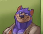  anthro baragoon64 canid canine clothing cross-eyed dress_shirt fangs green_background hair male mammal purple_body purple_eyes purple_hair shirt simple_background smile solo taz_(facebook) teeth topwear 