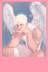  1boy angel angel_wings bara blonde_hair cowboy_shot head_rest highres male_focus muscular muscular_male original pink_ribbon ribbon sailor18moon short_hair shorts solo squatting tank_top thick_eyebrows white_shorts white_tank_top wings 