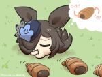  :3 animal_ears arrow_(symbol) blue_flower blue_hat brown_hair chocolate_cornet closed_eyes closed_mouth drooling flower food goma_(gomasamune) grass hair_over_one_eye hat hat_flower highres horse_ears motion_lines on_grass rice_shower_(umamusume) saliva solo tilted_headwear translation_request twitter_username umamusume 