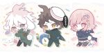  1girl 2boys ahoge animal_ear_hood animal_ears bird black_jacket black_pants black_sleeves black_suit black_thighhighs blue_hood blue_jacket blue_sleeves blush_stickers brown_footwear brown_hair candy chain character_hair_ornament chibi cinnamoroll closed_mouth commentary_request danganronpa_(series) danganronpa_2:_goodbye_despair dog_ears dog_tail doughnut drop_shadow eyelashes floppy_ears food from_behind full_body galaga green_eyes green_hood green_jacket green_necktie green_sleeves hair_between_eyes hair_ornament hairclip hat hinata_hajime hood hood_down hooded_jacket ice_cream ice_cream_cone jacket kemonomimi_mode komaeda_nagito long_sleeves looking_at_viewer looking_back mao_gao_gao mary_janes medium_hair messy_hair miniskirt multiple_boys my_melody nanami_chiaki necktie open_clothes open_jacket open_mouth pants penguin penguin_tail pink_eyes pink_footwear pink_hair pink_skirt pleated_skirt pocket pointing polka_dot polka_dot_background rabbit_tail romaji_text sailor_hat sanrio shirt shoes simple_background skirt smile sparkle speech_bubble suit tail thighhighs v-shaped_eyebrows white_background white_hair white_hat white_shirt 