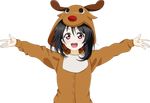  animal_costume black_hair christmas cosplay highres kigurumi looking_at_viewer love_live! love_live!_school_idol_project open_mouth outstretched_arms red_eyes reindeer_costume showers-u smile solo transparent_background upper_body yazawa_nico 