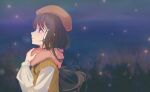  1girl black_hair blurry blurry_background brown_hat brown_sweater_vest commentary_request from_side hand_up hat highres inoue_takina long_hair long_sleeves lycoris_recoil night outdoors parted_lips pink_scarf profile purple_eyes rokilly scarf shirt solo sweater_vest upper_body white_shirt 