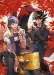  2boys autumn_leaves black_hair black_jacket blonde_hair blue_eyes blue_hair blue_jacket bruno_(yu-gi-oh!) can d-wheel drink drink_can facial_mark fudo_yusei holding holding_drink holding_phone jacket lunapont2 male_focus medium_hair motor_vehicle motorcycle multicolored_hair multiple_boys phone smile spiked_hair streaked_hair tree white_jacket yu-gi-oh! yu-gi-oh!_5d&#039;s 
