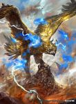  copyright_name crown electricity feathered_wings force_of_will gem highres mad_(artist) no_humans official_art rock wings yellow_eyes 