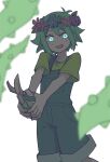  1boy basil_(headspace)_(omori) basil_(omori) blue_overalls colored_skin doroidsan flower gardening_shears green_eyes green_hair green_shirt head_wreath looking_at_viewer omori open_mouth overall_shorts overalls plant shirt short_hair solo teeth thorns upper_teeth_only vines white_skin 