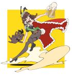 1girl :d alcohol animal_ears arm_strap badge beer beer_mug black_bow black_bowtie black_footwear black_leotard black_pantyhose bow bowtie braid breasts brown_hair bunny_bunny_(reverse:1999) cape chahu_lililala character_name cup detached_collar dust fake_animal_ears flower foam frilled_leotard frills from_side full_body fur-trimmed_cape fur_trim green_eyes green_sash hair_flower hair_ornament high_heels highres holding holding_cup holding_stuffed_toy jumping large_breasts leg_up leotard long_hair looking_back low_twin_braids mug outstretched_arm pantyhose pom_pom_(clothes) rabbit_ears red_cape reverse:1999 sash shoulder_sash smile solo strapless strapless_leotard stuffed_animal stuffed_toy teddy_bear thigh_strap traditional_bowtie twin_braids two-tone_background waist_cutout white_background yellow_background 