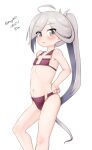  1girl absurdres ahoge aqua_bow asashimo_(kancolle) bikini bow dated feet_out_of_frame flat_chest florida_bikini grey_eyes grey_hair highres kantai_collection looking_at_viewer maru_(marg0613) one-hour_drawing_challenge ponytail purple_bikini solo standing swimsuit 