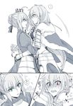  2girls 88_(einnimnech) ? ahoge arrow_through_heart artoria_pendragon_(all) blush braid cape comic crown earrings face-to-face fate/stay_night fate_(series) french_braid from_side fur_trim genderswap genderswap_(mtf) gilgamesh green_eyes hair_ribbon heart highres hug jewelry limited_palette long_hair looking_at_another multiple_girls open_mouth red_eyes ribbon saber silent_comic sparkle spoken_exclamation_mark spoken_question_mark spot_color sweat white_background yuri 