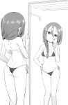  1girl absurdres ass bikini braid breasts flat_chest greyscale highres long_hair looking_at_mirror mirror monochrome navel nekosaki second-party_source selfie side-tie_bikini_bottom small_breasts smile solo soredemo_ayumu_wa_yosetekuru standing swimsuit yaotome_urushi 