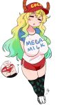  1girl arms_behind_back baseball_cap black_thighhighs blonde_hair blue_shirt blurry breasts closed_eyes depth_of_field dolphin_shorts dragon_girl dragon_horns facing_viewer full_body gradient_hair green_hair hat horns horns_through_headwear huge_breasts kobayashi-san_chi_no_maidragon kokomi_(aniesuakkaman) long_hair lucoa_(maidragon) mega_milk meme_attire multicolored_hair open_mouth print_headwear print_shirt print_thighhighs red_hat red_shorts shirt shorts solo spoken_character thighhighs two-tone_shirt white_background white_shirt 