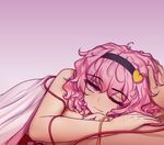  1girl after_sex black_hairband commentary cuddling hair_ornament hairband hand_on_another's_head hater_(hatater) hetero komeiji_satori looking_at_viewer lying messy_hair nude one_eye_closed pink_eyes pink_hair purple_background short_hair smile solo_focus third_eye touhou 