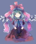  1girl arm_ribbon black_gloves bow dress frilled_bow frilled_ribbon frills front_ponytail gloves green_eyes green_hair hair_bow hair_ribbon hiyuu_(hiyualice) kagiyama_hina red_dress red_ribbon ribbon solo touhou wrist_ribbon 