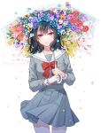  1girl black_hair blue_flower bow breasts brown_flower closed_mouth commentary_request english_text flower grey_serafuku grey_shirt grey_skirt highres holding holding_umbrella looking_at_viewer nekozuki_yuki original petals pink_flower pleated_skirt purple_eyes purple_flower red_bow red_flower sailor_collar school_uniform serafuku shirt simple_background skirt small_breasts smile solo standing transparent transparent_umbrella tulip twitter_username umbrella watermark white_background white_flower white_sailor_collar yellow_flower 