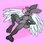  absurd_res angel anthro back_wings blep cheek_tuft ear_piercing ear_ring facial_piercing facial_tuft feathered_wings feathers featureless_crotch fur grey_body grey_fur heterochromia hi_res highlights_(coloring) lagomorph leporid male mammal multicolored_body multicolored_fur nose_piercing nose_ring piercing pink_background pink_highlights rabbit ring_piercing simple_background smile solo tongue tongue_out tuft two_tone_body two_tone_fur white_body white_feathers wide_eyed wings xing1 