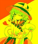  1girl black_hat blouse bow buttons diamond_button eyeball frilled_shirt_collar frilled_sleeves frills green_hair hat hat_bow hat_ribbon heart heart_of_string hiyuu_(hiyualice) komeiji_koishi one_eye_closed ribbon shirt solo third_eye touhou wide_sleeves yellow_bow yellow_ribbon yellow_shirt 