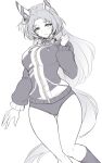  1girl alternate_costume animal_ears blush buruma closed_mouth ear_covers ear_ornament godolphin_barb_(umamusume) greyscale highres horse_ears horse_girl horse_tail jacket kneehighs long_hair long_sleeves looking_at_viewer monochrome pataneet simple_background smile socks solo tail umamusume white_background 