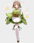  1girl apron blush bow breasts brown_eyes brown_footwear brown_hair closed_mouth dot_nose flower frilled_apron frilled_skirt frills full_body green_bow green_kimono green_ribbon green_skirt grey_background hair_bow hair_ribbon hand_up ich. idolmaster idolmaster_cinderella_girls idolmaster_cinderella_girls_starlight_stage index_finger_raised japanese_clothes kimono kimono_skirt large_breasts long_sleeves looking_at_viewer miniskirt obi obiage obijime pleated_skirt ribbon ribbon-trimmed_sleeves ribbon-trimmed_thighhighs ribbon_trim sash shoes short_hair simple_background skirt sleeves_past_fingers sleeves_past_wrists smile solo standing thighhighs tsukimiya_miyabi wavy_hair white_apron white_footwear white_headdress white_thighhighs wide_sleeves yellow_flower zettai_ryouiki 