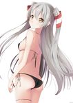  amatsukaze_(kantai_collection) arms_at_sides artist_name ass back bangs bare_back bare_shoulders bikini black_bikini black_ribbon blush breasts brown_eyes cowboy_shot eyebrows_visible_through_hair from_behind from_below hair_tubes highres kantai_collection kanz long_hair looking_at_viewer looking_back looking_down nose_blush petals ribbon side-tie_bikini sideboob silver_hair simple_background small_breasts solo standing strap_gap swimsuit thigh_strap two_side_up v-shaped_eyebrows very_long_hair wavy_mouth white_background windsock 