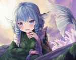  1girl blue_eyes blue_hair blush commentary drill_hair drill_sidelocks fins green_kimono head_fins highres japanese_clothes kimono long_sleeves looking_at_viewer mermaid monster_girl open_mouth pygrenix sidelocks solo touhou wakasagihime 