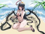  1girl absurdres bags_under_eyes beach bikini black_bikini black_footwear black_hair black_wings blood blood_halo blue_archive blush breasts chinese_commentary cleavage commentary_request criss-cross_halter flower hair_flower hair_ornament halo halterneck highres large_breasts liquid_halo liuli_xiao long_hair looking_at_viewer low_wings melting_halo navel official_alternate_costume outdoors ponytail red_eyes red_halo sandals solo swimsuit tsurugi_(blue_archive) tsurugi_(swimsuit)_(blue_archive) very_long_hair wings 