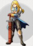  1girl agrias_oaks armor black_pants blonde_hair braid breastplate brown_eyes brown_gloves elbow_gloves final_fantasy final_fantasy_tactics full_body gloves highres holding holding_weapon knee_pads looking_at_viewer nose pants satori_ill solo sword weapon 