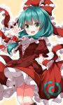  1girl arm_ribbon bow dress frilled_dress frills front_ponytail green_eyes green_hair hair_bow hair_ribbon highres kagiyama_hina lifted_by_self puffy_short_sleeves puffy_sleeves red_bow red_dress red_ribbon ribbon ruu_(tksymkw) short_sleeves smile solo touhou 