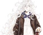  1boy :d alternate_costume blue_neckerchief brown_jacket cup fate/grand_order fate_(series) fuwafuwa_no_inu highres holding holding_cup jacket long_hair long_sleeves looking_at_viewer male_focus merlin_(fate) neckerchief open_clothes open_jacket open_mouth purple_eyes shirt simple_background smile solo upper_body very_long_hair white_background white_hair white_shirt 