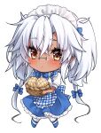  1girl absurdres apron basket blue_apron blue_footwear blue_ribbon blue_skirt bread breasts chibi crossed_bangs dark-skinned_female dark_skin food frilled_apron frills full_body glasses grey_hair hair_between_eyes hair_ribbon highres holding holding_basket jewelry kantai_collection long_hair looking_at_viewer low_twintails mashiro_yukiya musashi_(kancolle) musashi_kai_ni_(kancolle) plaid plaid_apron puffy_short_sleeves puffy_sleeves ribbon rimless_eyewear ring shirt short_sleeves skirt solo twintails two-tone_apron very_long_hair wedding_ring white_apron white_shirt 